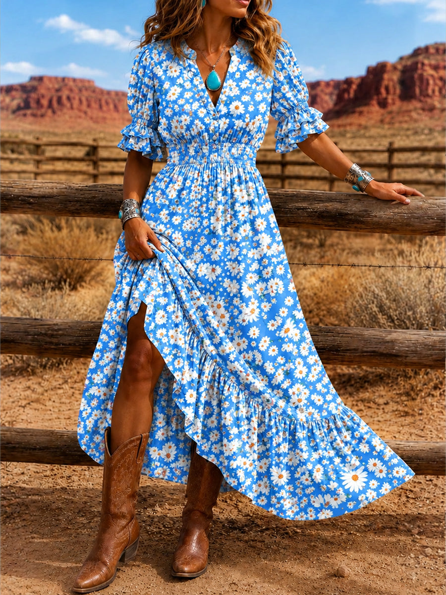 Women's Retro Art Print Washed Cotton Layered Patchwork Midi Dress